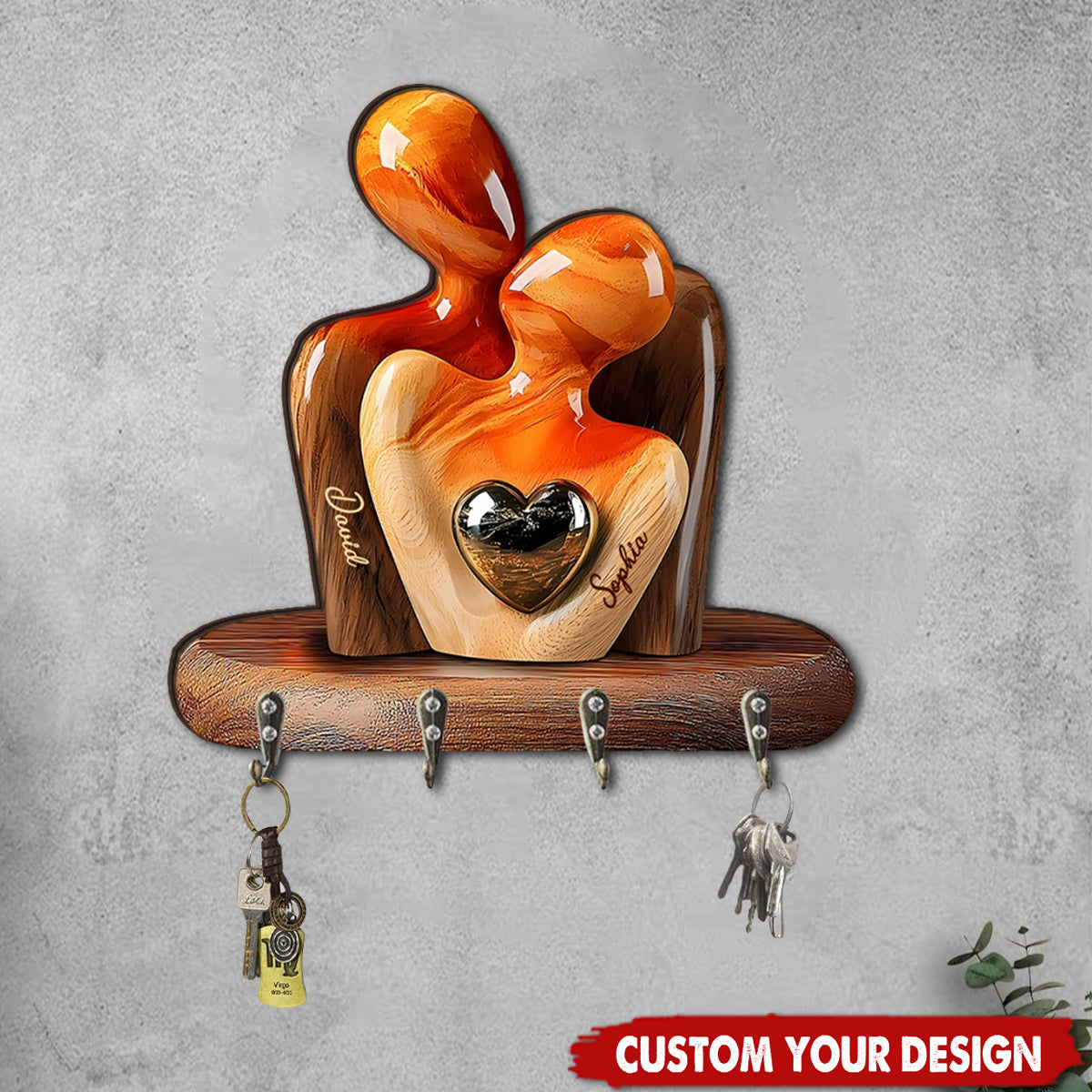 Elegant Couple Statue with Heart Inlay - Personalized Shaped Key Rack