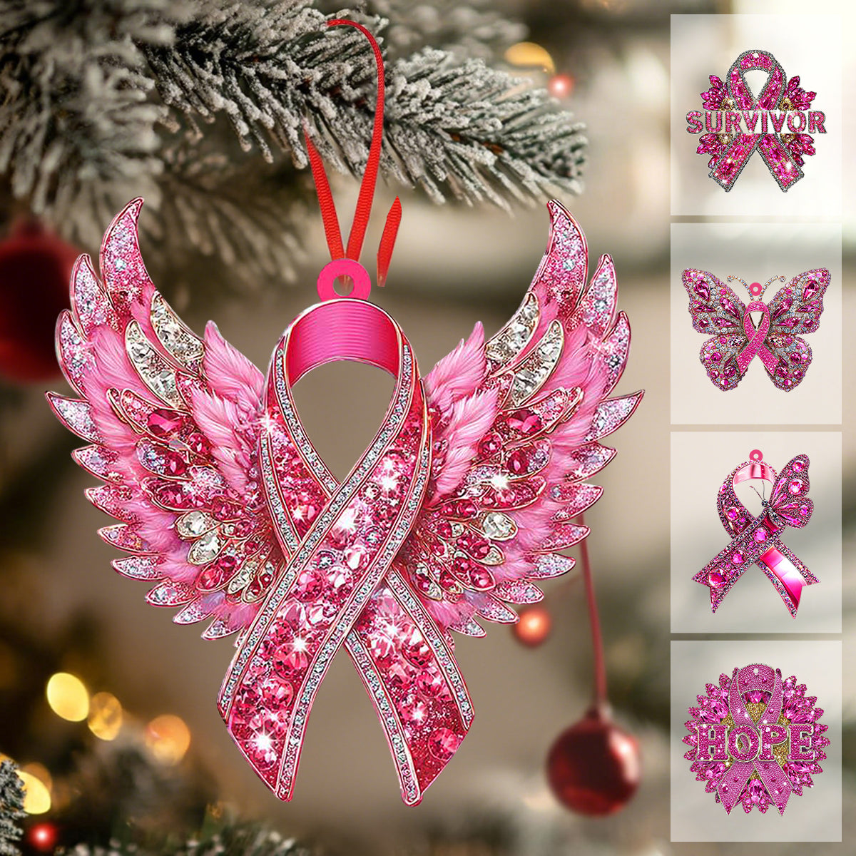 Pink Ribbon Wing Acrylic Ornament, Christmas Breast Cancer Ornament, Breast Cancer Fighter Ornament, Breast Cancer Survivor Decor