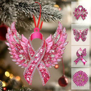 Pink Ribbon Wing Acrylic Ornament, Christmas Breast Cancer Ornament, Breast Cancer Fighter Ornament, Breast Cancer Survivor Decor