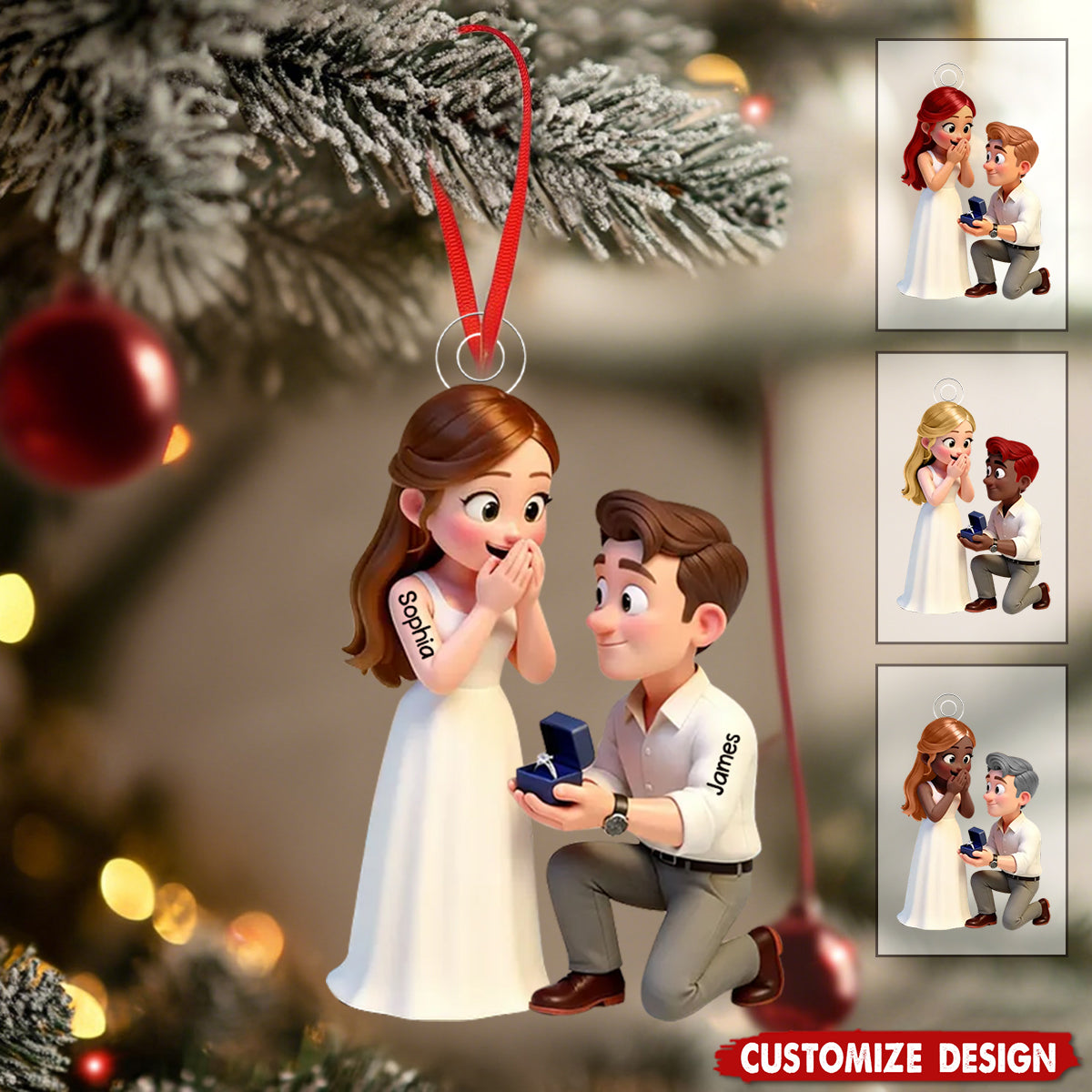 Personalized Cute Cartoon Couple Proposal Christmas Acrylic Ornament - Gift For Couple