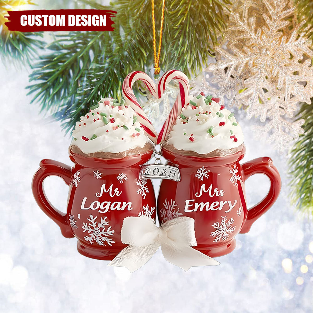 Custom Hot Cocoa Mugs Wedding Couple Christmas Ornament, Wedding Newlywed Decor, Anniversary Gifts for Bride & Groom, Married Keepsake Gift