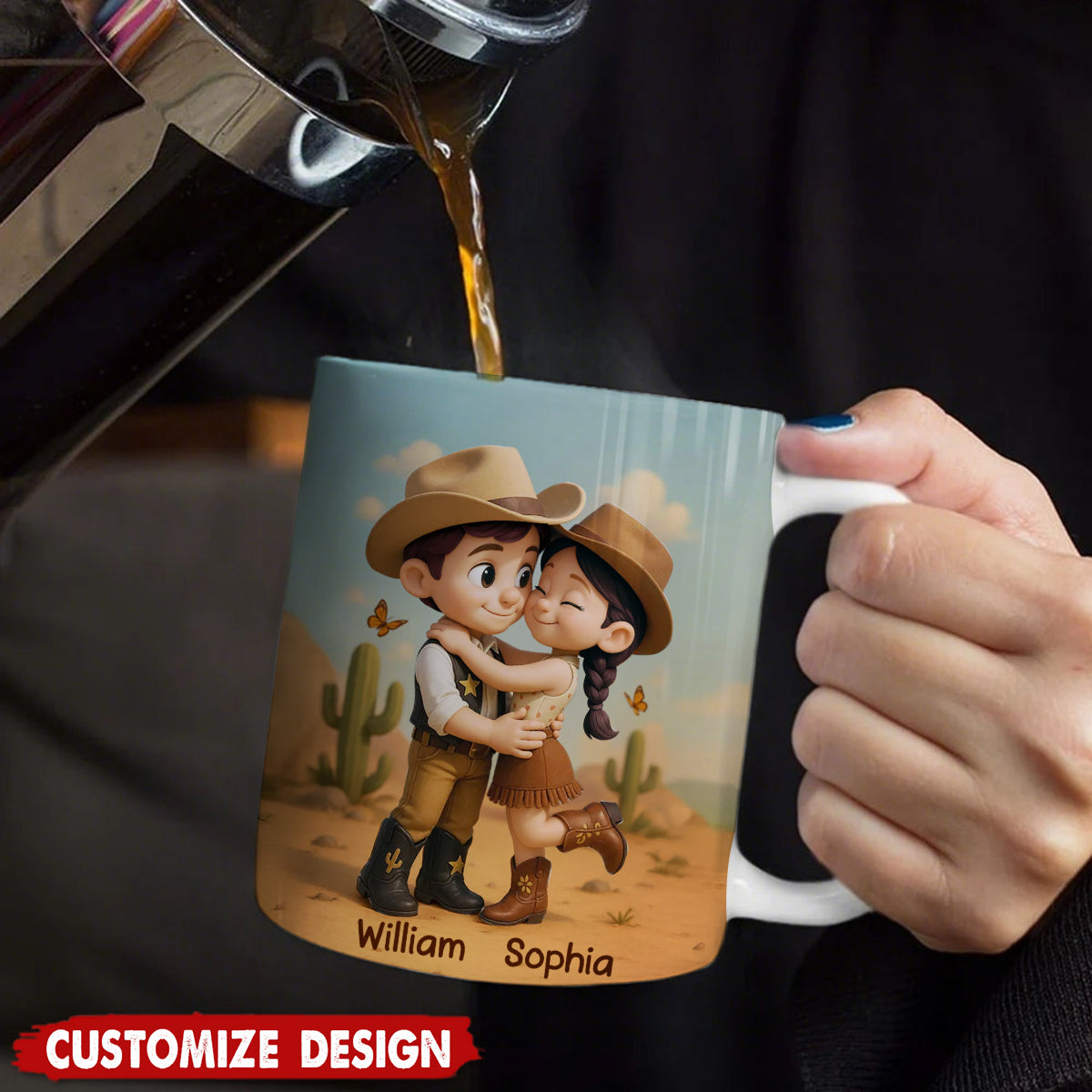 Cartoon Style Countryside Couple Cowboy Cowgirl Personalized Coffee Mug