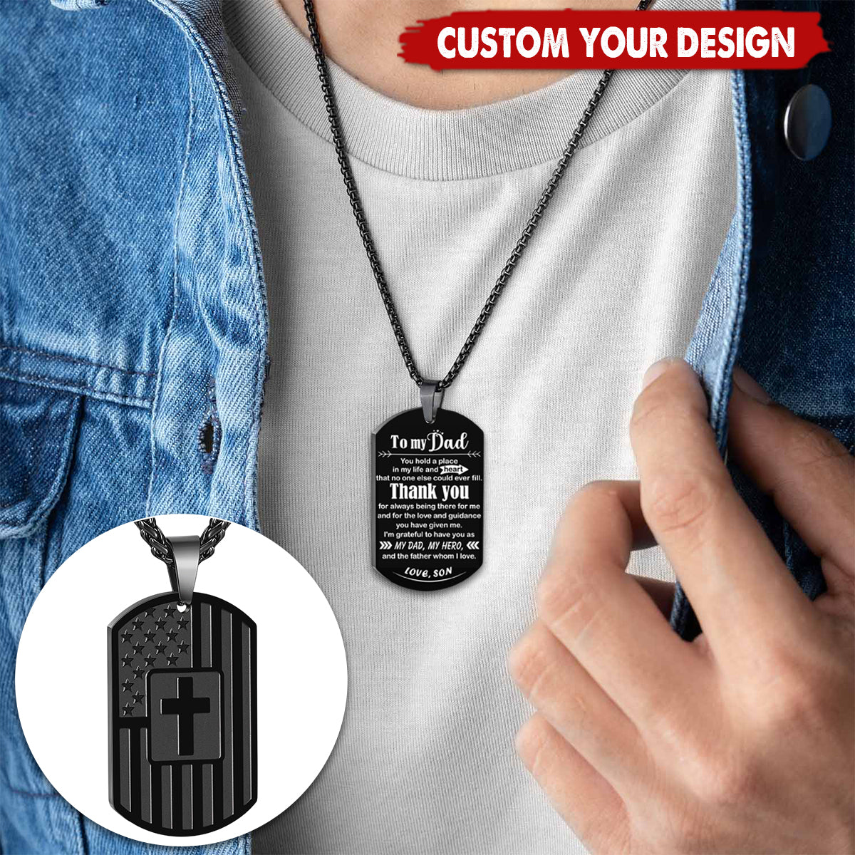 Personalized Christian American Flag Man Dog Tag Cross Necklace Father's Day Gifts