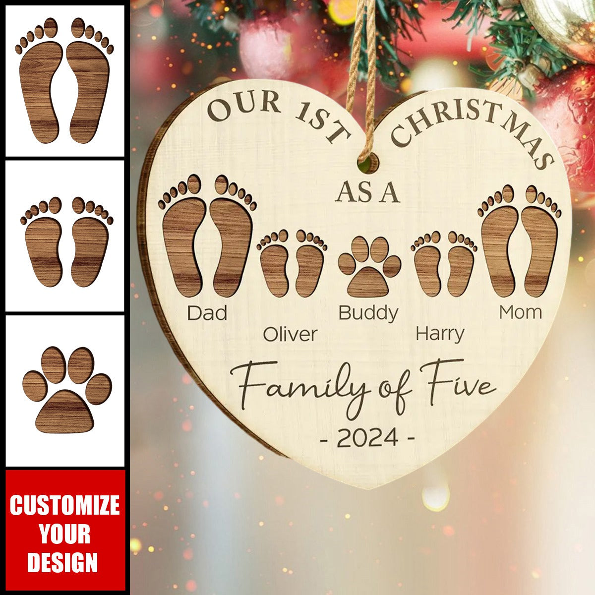 First Christmas As A Family Of Four Footprints - 2024 New Release Personalized Custom Shaped Wooden Ornament