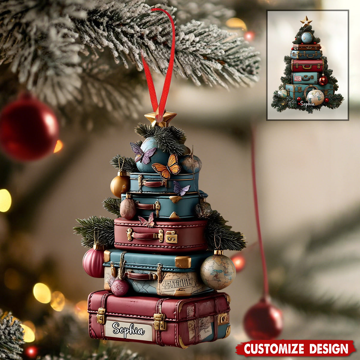 Personalized Travel Suitcase Christmas Ornament - Gift For Traveler