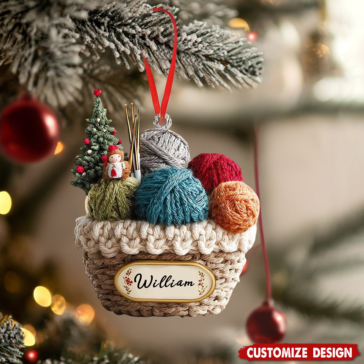 Personalized Knitting Basket Christmas Ornament - Gift for Knitters