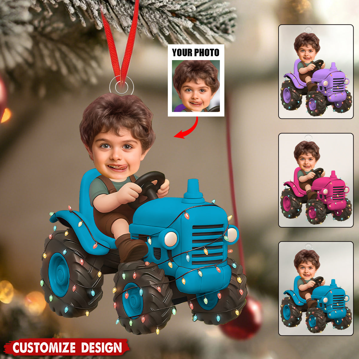 Personalized Tractor Christmas Ornament – Custom Photo Acrylic Ornament for Kids, Farm Truck Holiday Gift, Cute Boy Christmas Decor