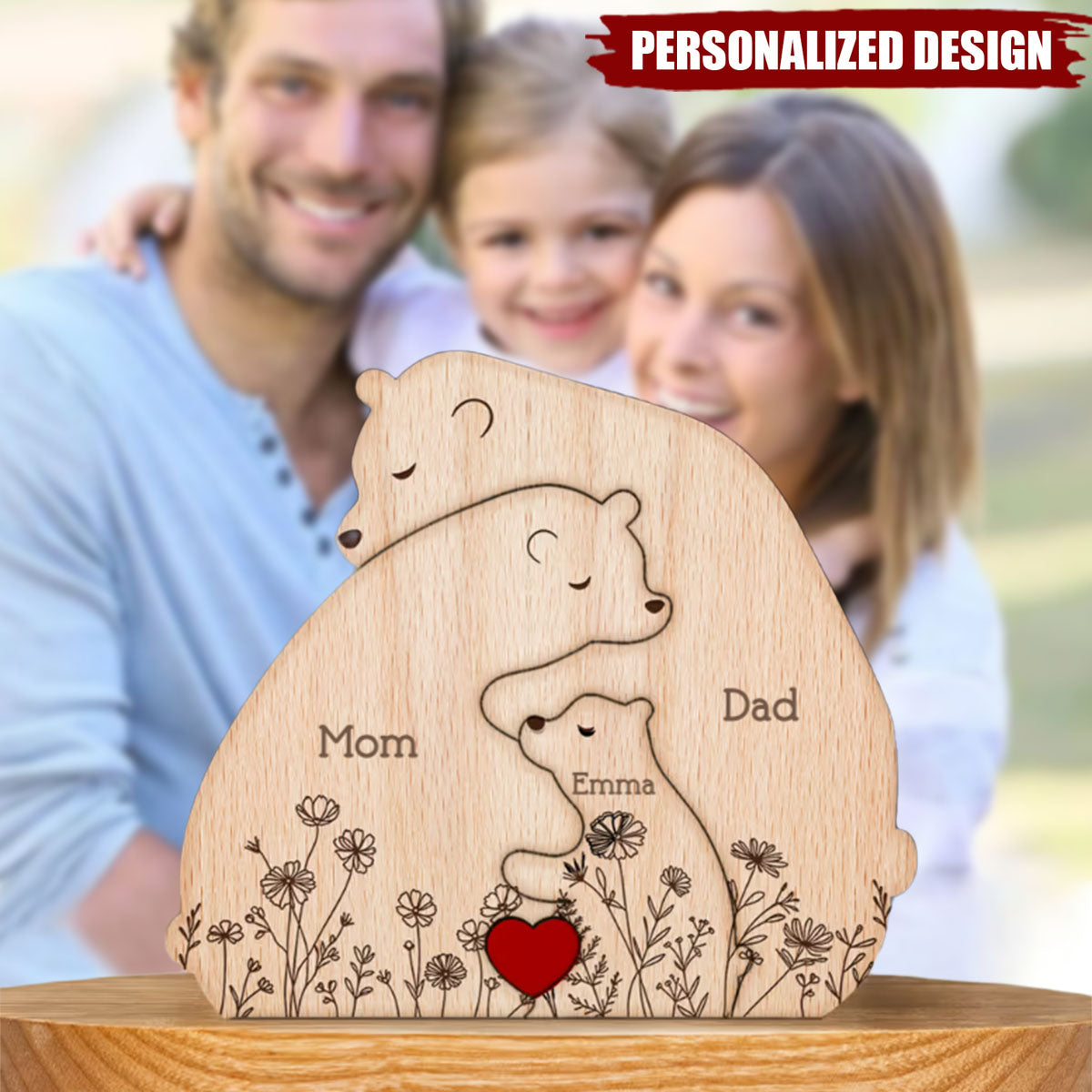 Hugging Bear Family Floral Version-Personalized Wooden Bear Family Puzzle