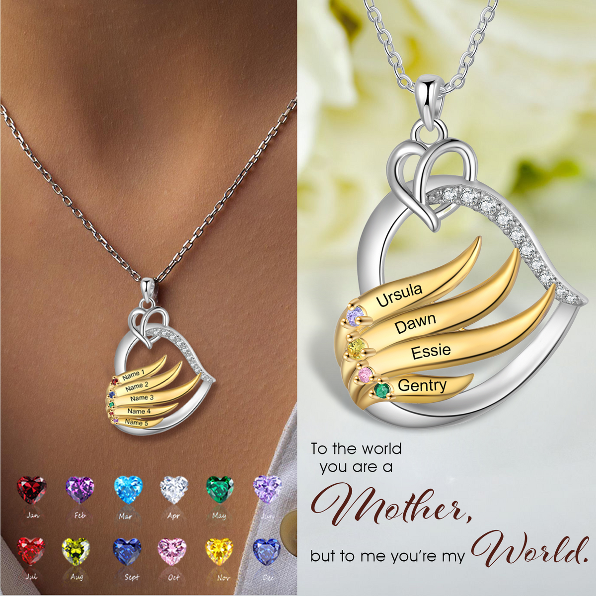 Personalized Golden Intertwined Heart Birthstone Necklace, Mother's Day Gift
