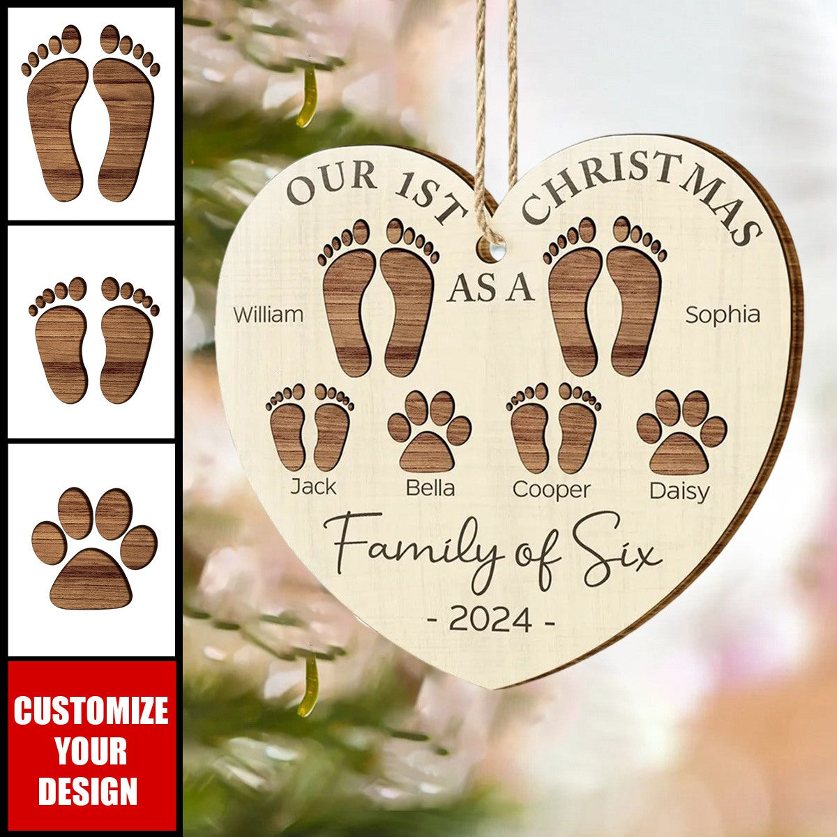 First Christmas As A Family Of Four Footprints - 2024 New Release Personalized Custom Shaped Wooden Ornament