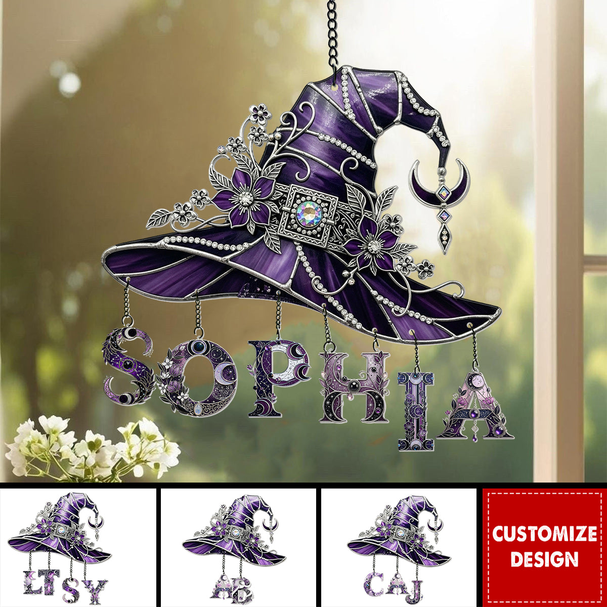 Floral With Hat - Personalized Witch Window Hanging Suncatcher With Custom Charms