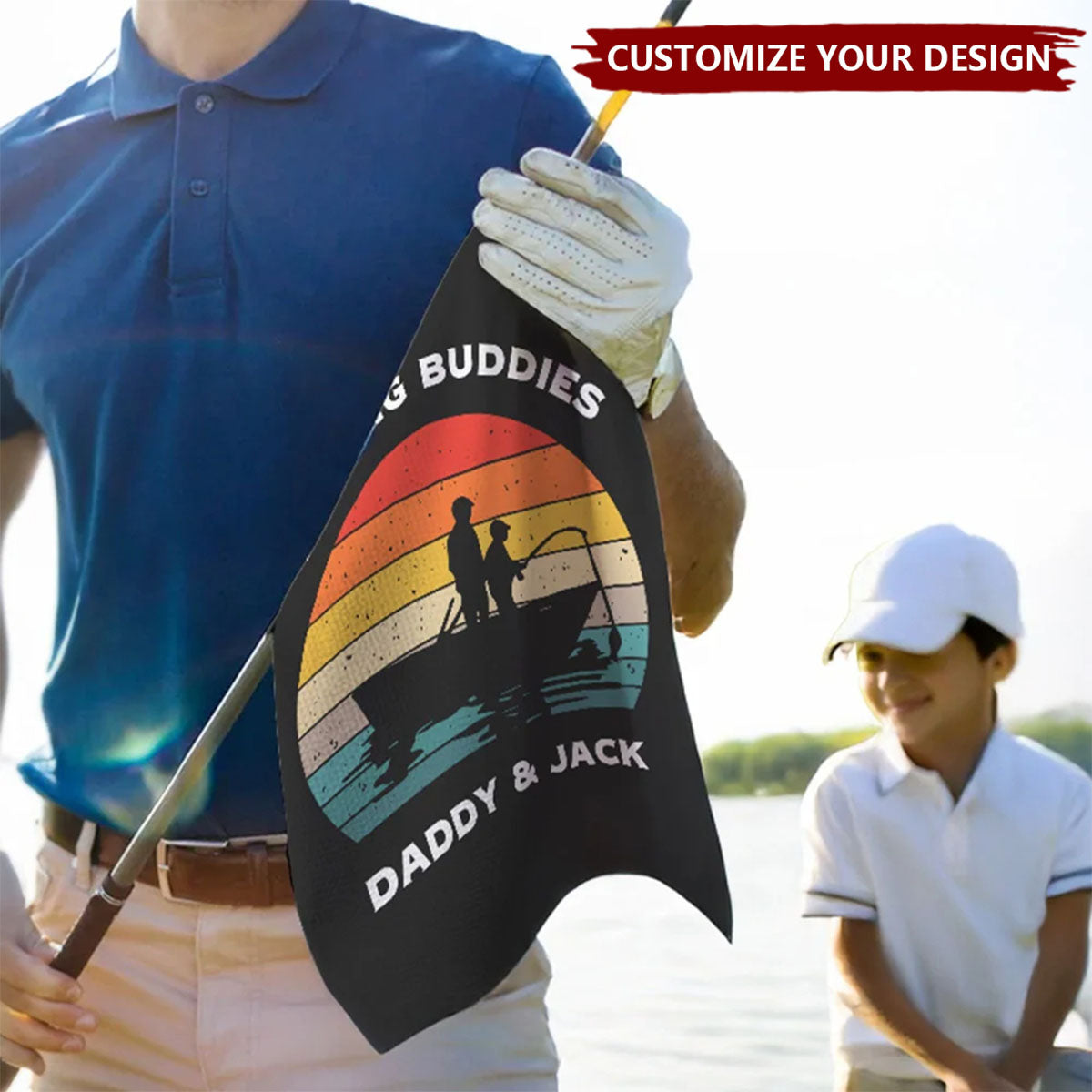 Personalized Fisherman 1-3 Kids Silhouette Soft Waffle Towel with Text and Hook Gift for Fishing Man Dad