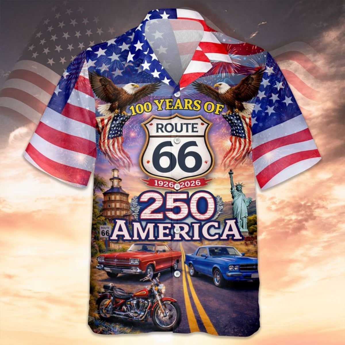 Celebrate 100 Years of Road Route 66 and America 250th Anniversary Custom Car Photo Hawaiian Shirt