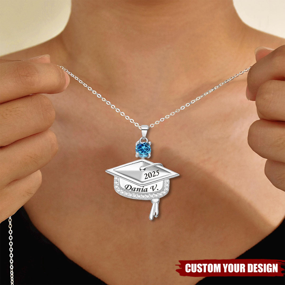 Personalized Dainty Graduation Cap Birthstone Necklace with Engraved Name and Year Graduation Birthday Gift for Graduates