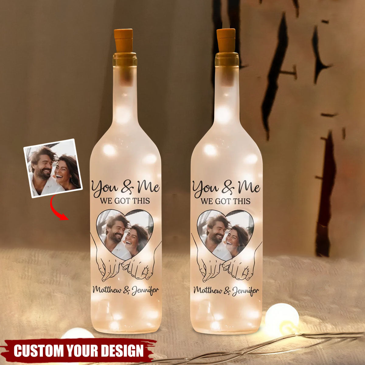 Custom Photo Hand In Hand, We Conquer All - Couple Personalized Custom Bottle Lamp - Gift For Husband Wife, Anniversary