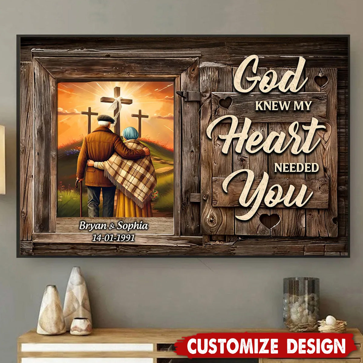 Cross God Knew My Heart Needed You Old Couple Walking Hugging Personalized Poster-Gift For Couples Anniversary
