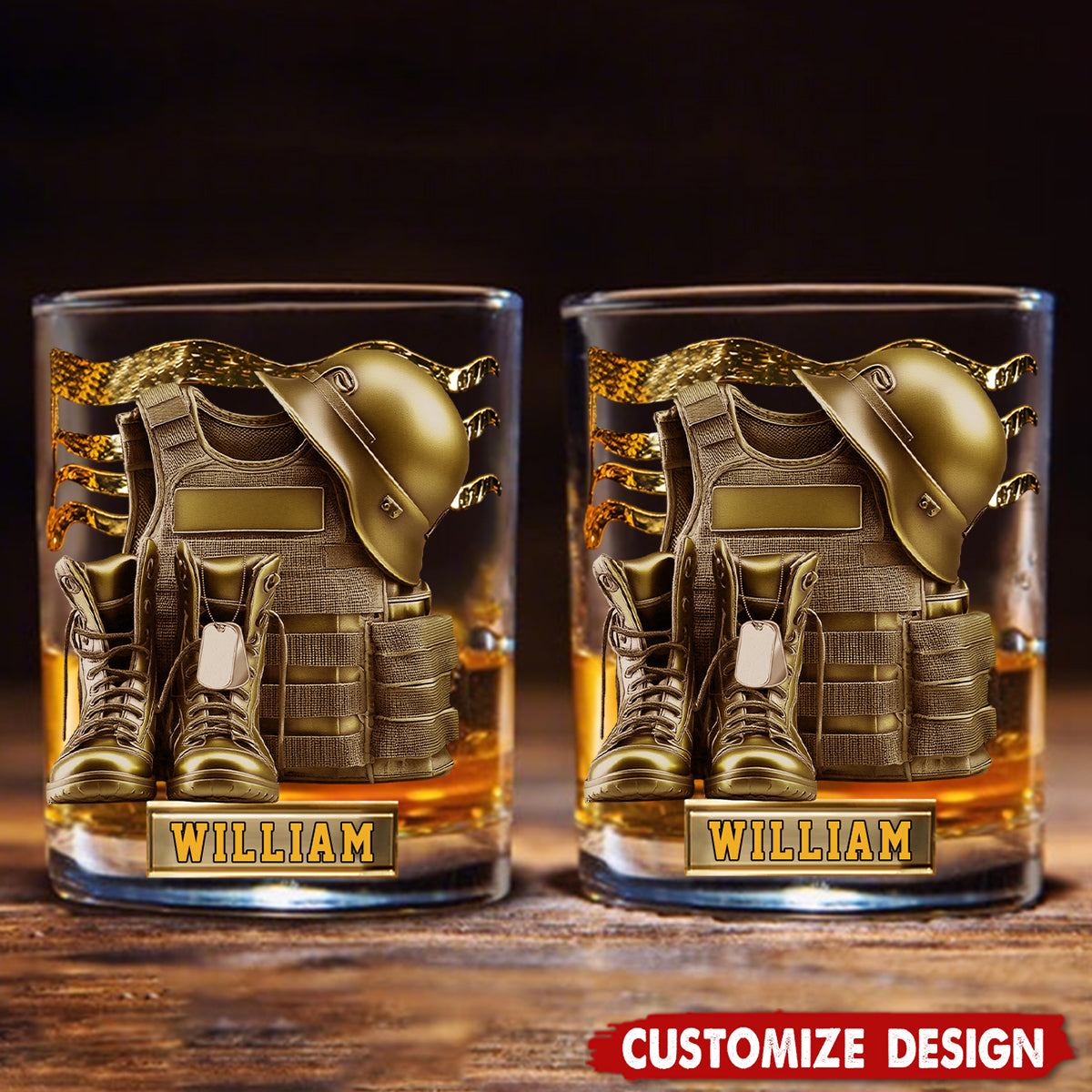 Military Uniform - Boots & Hat - Personalized Whiskey Glass