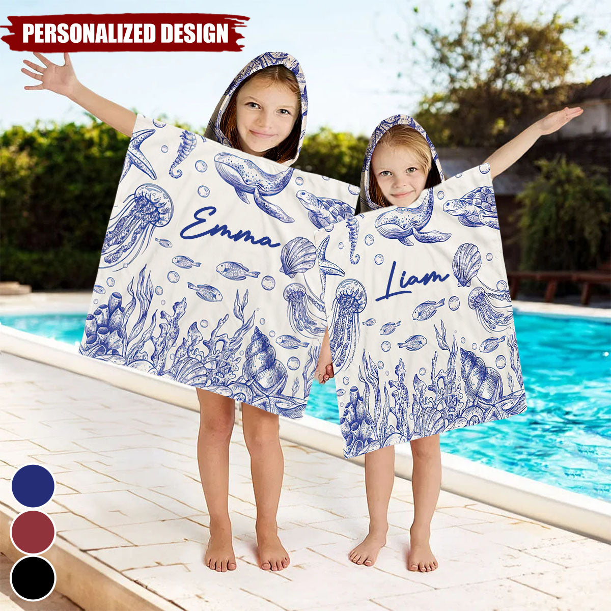 Under The Sea Toile De Jouy-Personalized Kids Hooded Towel