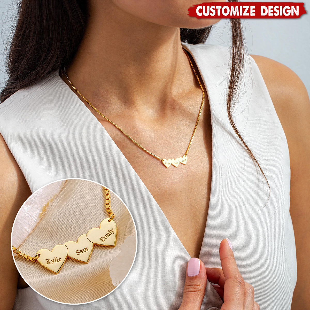 Personalized Name Hearts Necklace - Gift For Mom,Grandma