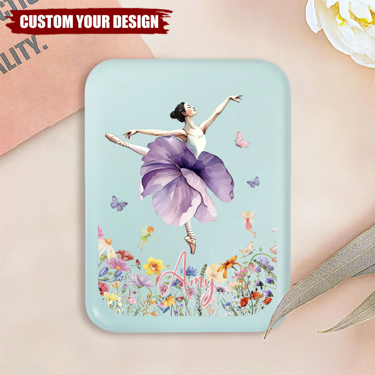 Personalized Ballet Girl Birth Flower LED Double-Sided Compact Makeup Mirror Gift for Ballerina