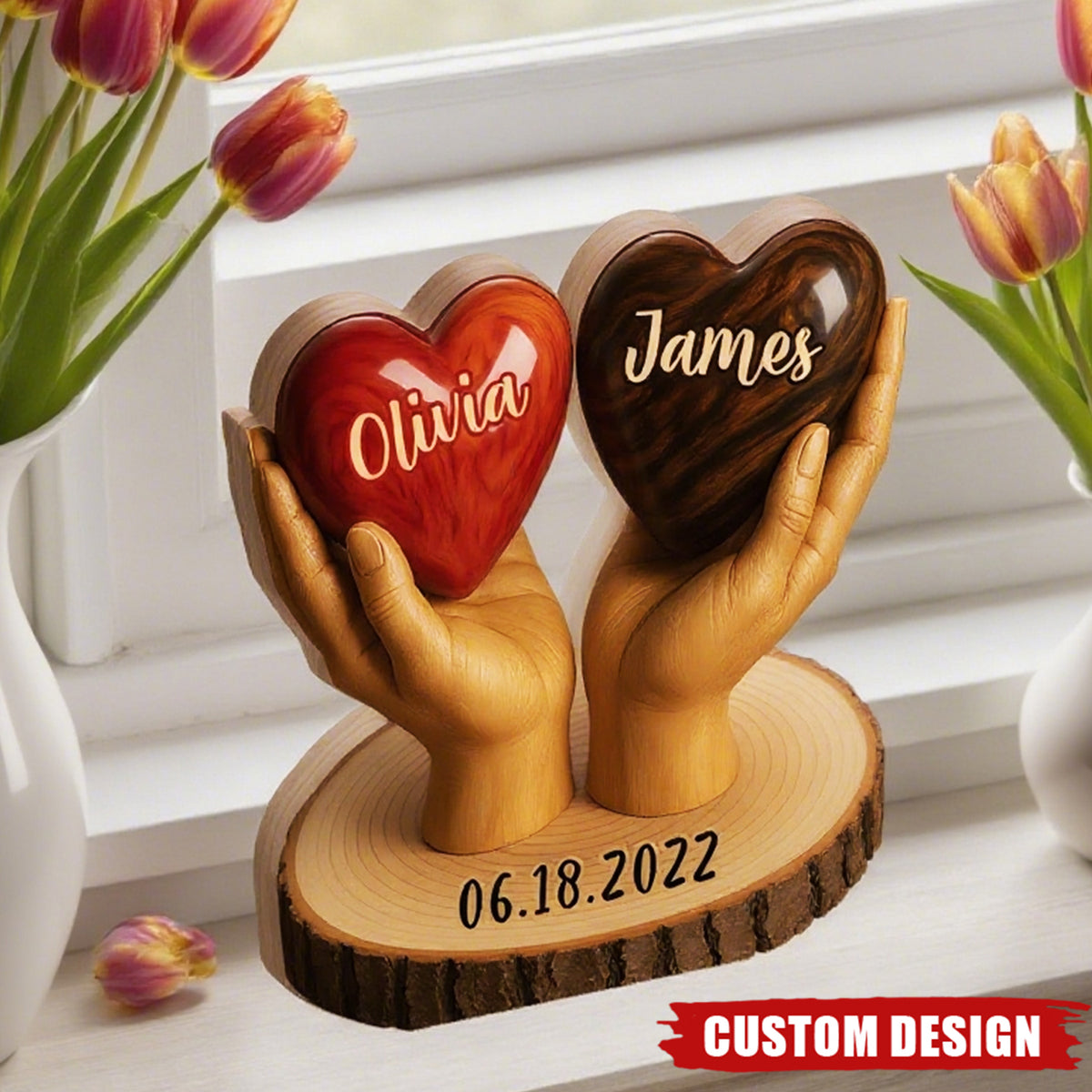 Two Hearts One Love - Personalized Couple Shaped Wood Plaque