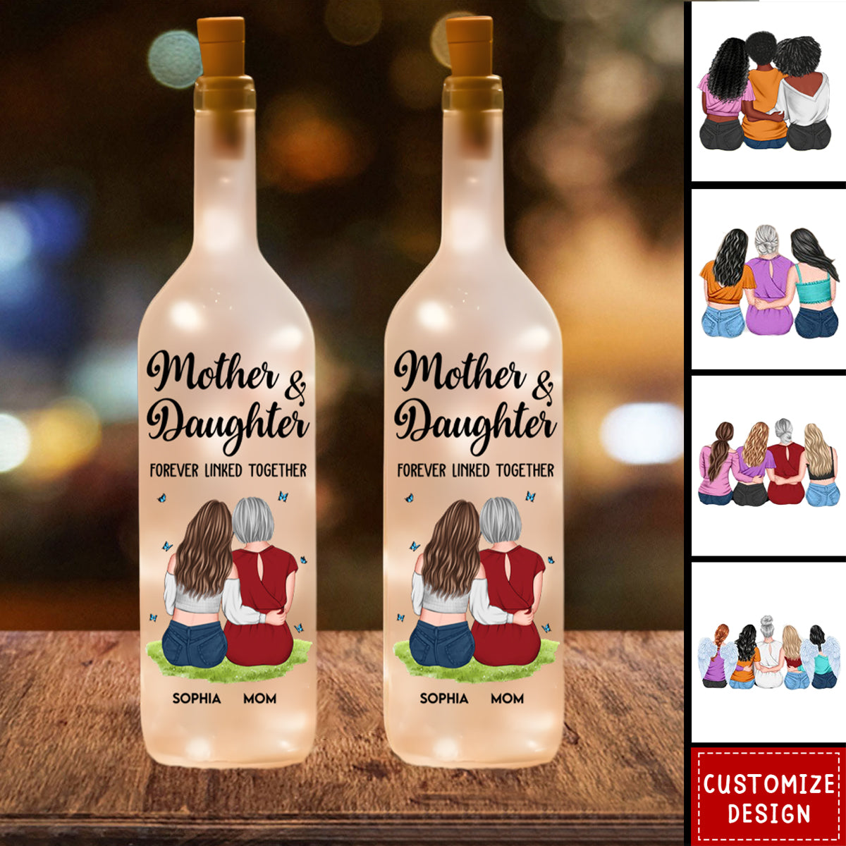 Mother And Daughter Forever Linked Together - Personalized Bottle Lamp
