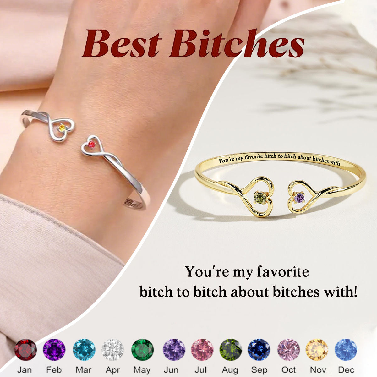 For Friend - You're My Favorite B*ch Double Hearts Custom Birthstones Bracelet