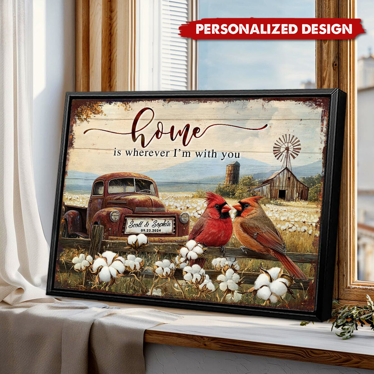 Rustic With Cardinals And Vintage Truck-Personalized Poster-Romantic Gift for Couples