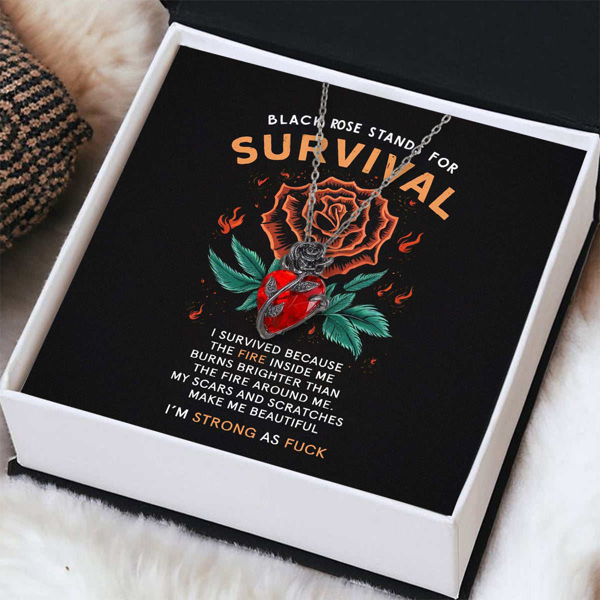 Strong As F*ck Black Rose Heart Necklace