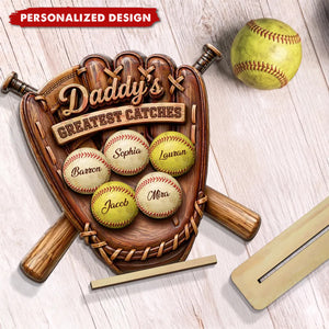 Daddy's Greatest Catches Baseball Softball-Personalized Wooden Plaque-Father's Day Gift for Husband, Dad