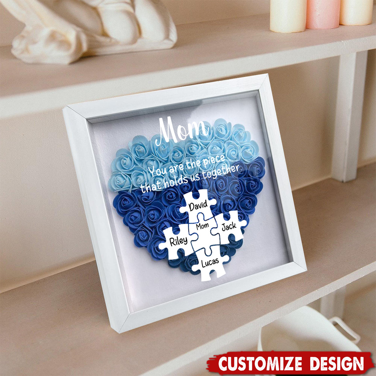 Personalized Mom Puzzle With Kids Names Heart Flower Shadow Box-Mother's Day Gift