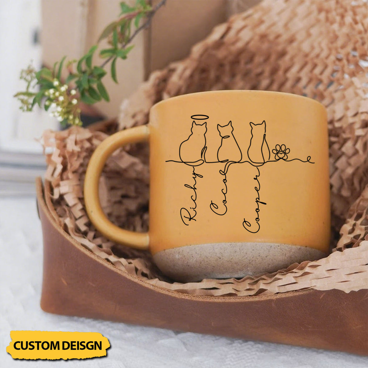 Line Art Cute Cats - Personalized Pottery Mug, Gift for Cat Lovers