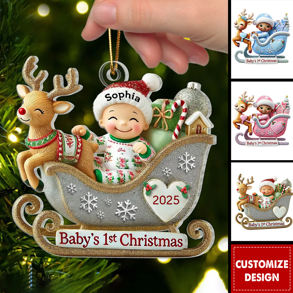 Baby First Christmas Newborn On Sleigh Keepsake Personalized Acrylic Ornament