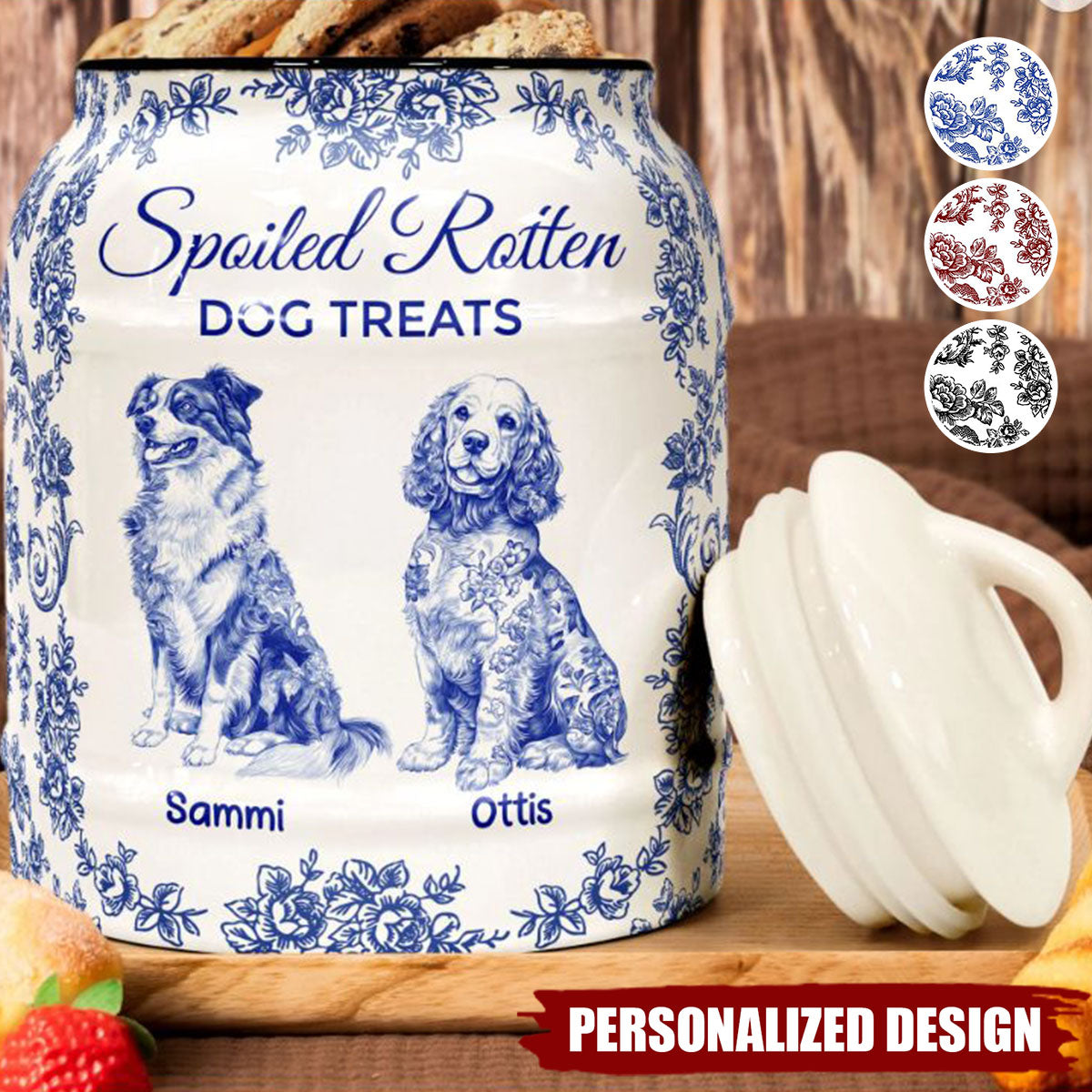 Spoiled Rotten Dog Treats Floral Toile De Jouy Chinoiserie-Personalized Cookie Jar