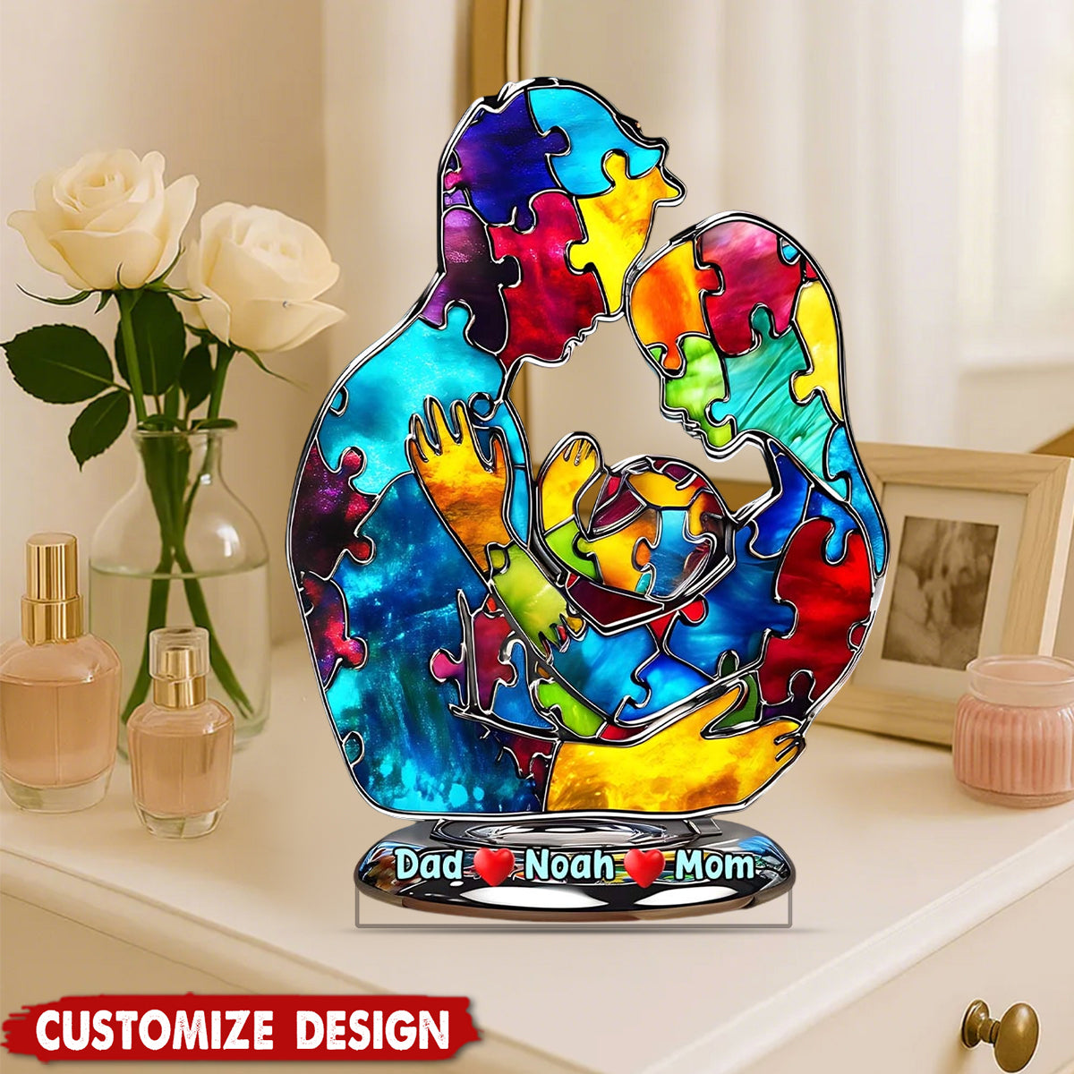 Autism Family Hugging - Personalized Autism Awareness Shaped Acrylic Plaque