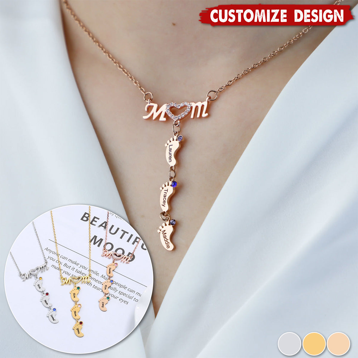 Mother's Necklace With Small Custom Name & Birthstone Baby Foot Charms