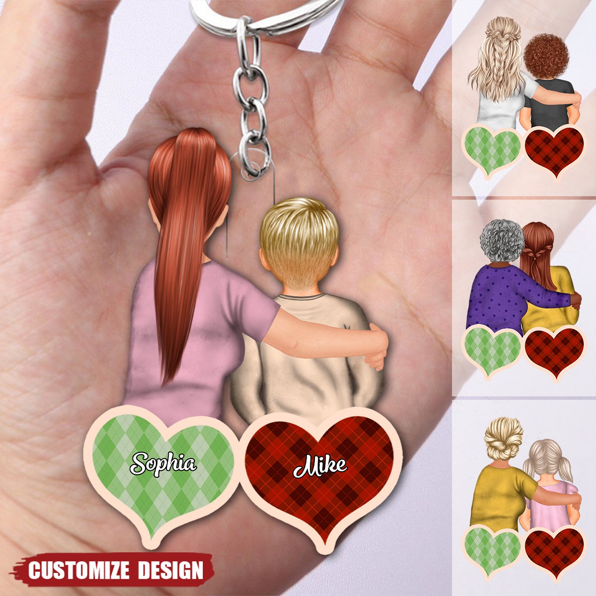 Checkered Pattern Hearts - Personalized Acrylic Keychain - Gift For Mom, Grandma