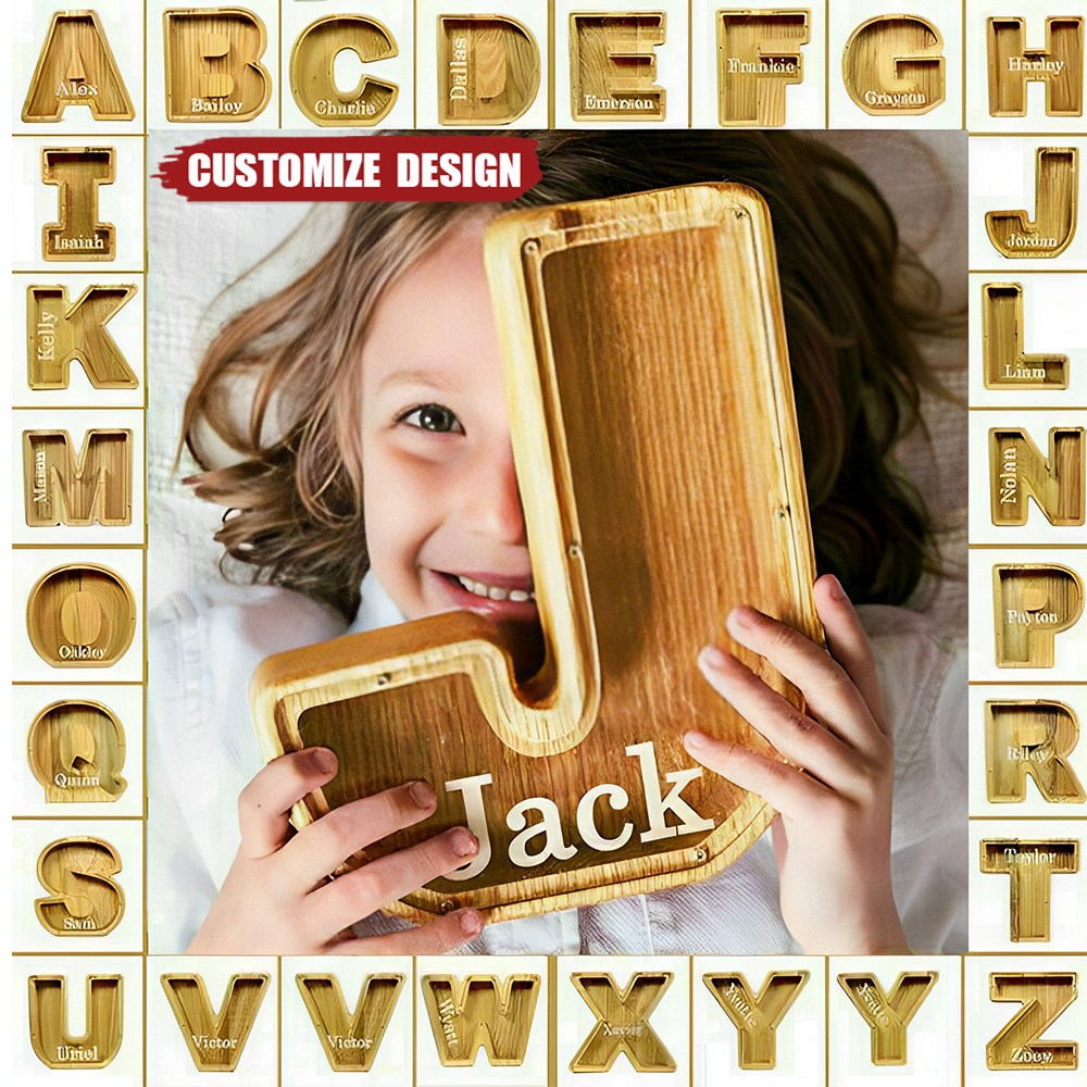 Custom initial Coin Bank With Name,Wooden Piggy Bank Gift For Boys or Girls