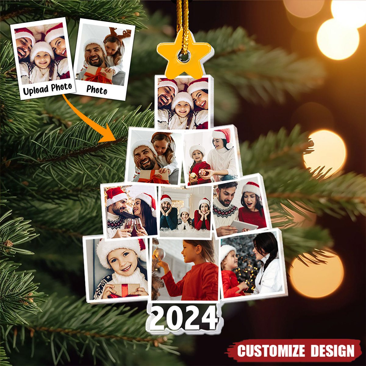 Custom Year & Photo - Photo Family-Couple-Pet Tree Christmas - Personalized Acrylic Photo Ornament