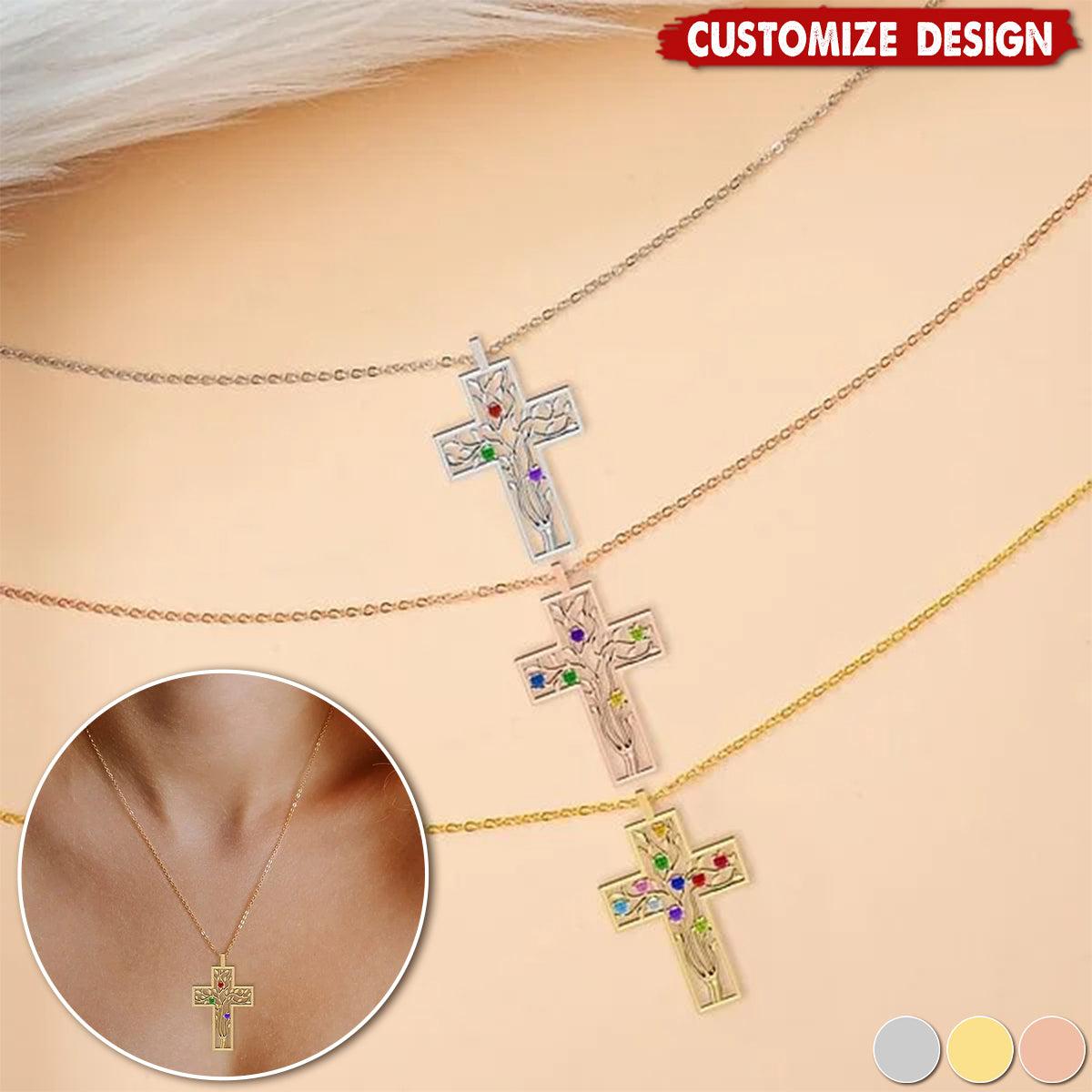 Personalized Cross 2-10 Birthstones Family Tree Necklace