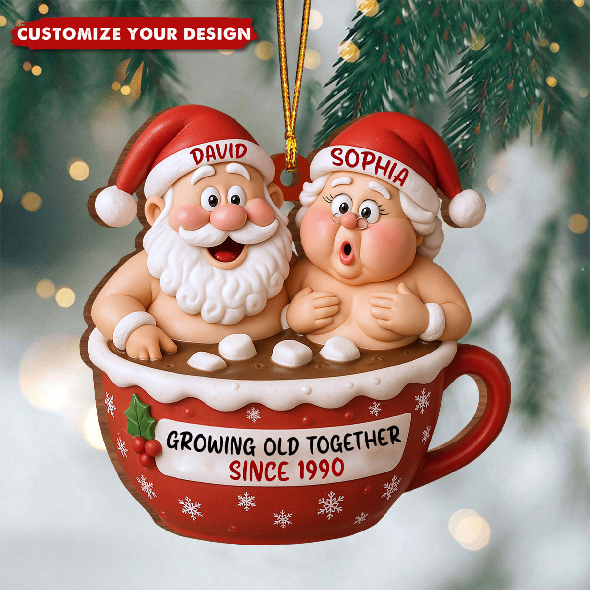 Growing Old Together Santa Claus In Hot Chocolate Cup, Personalized Couple Ornament