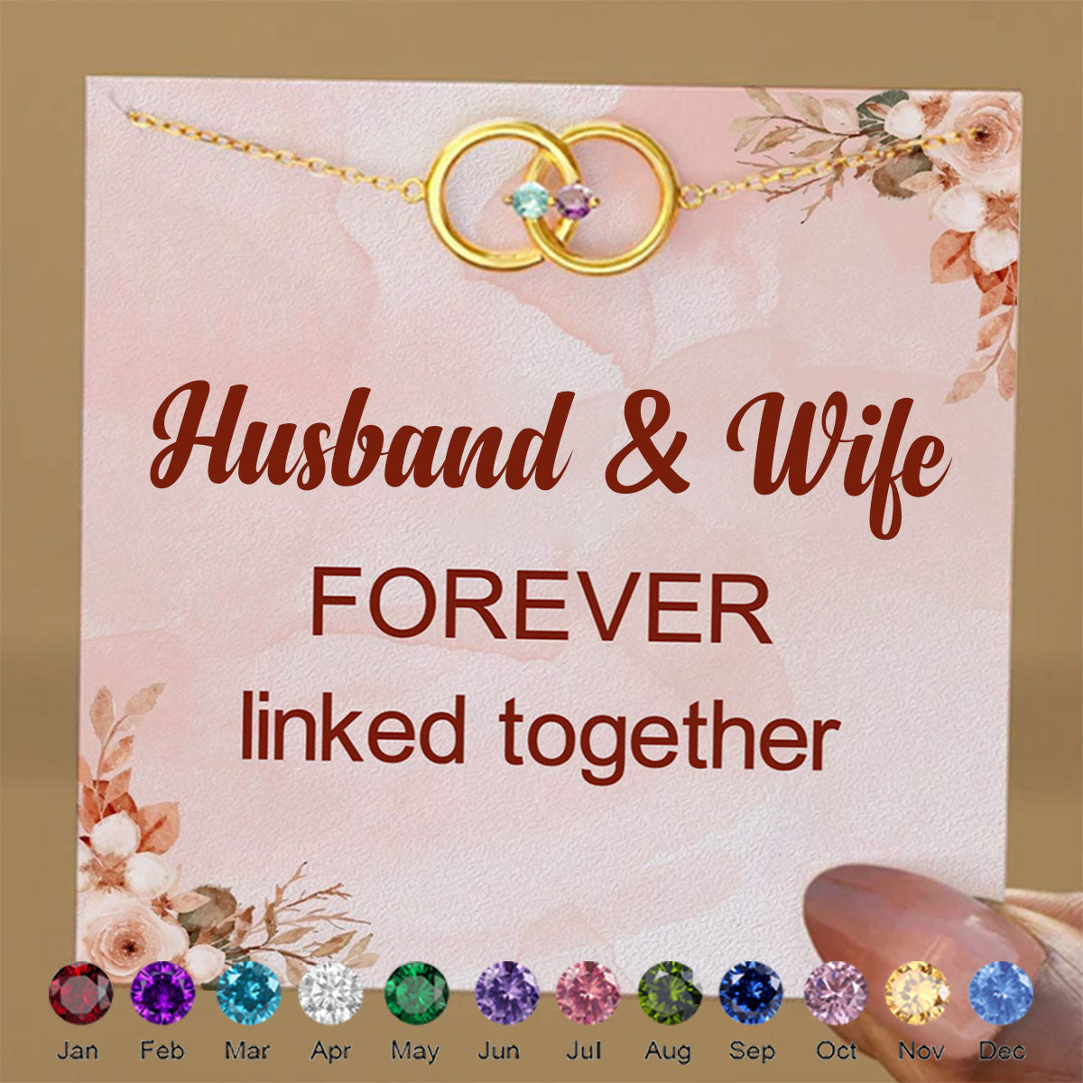 Personalized Husband & Wife Linked From the Heart Two Birthstones Interlocking Bracelet