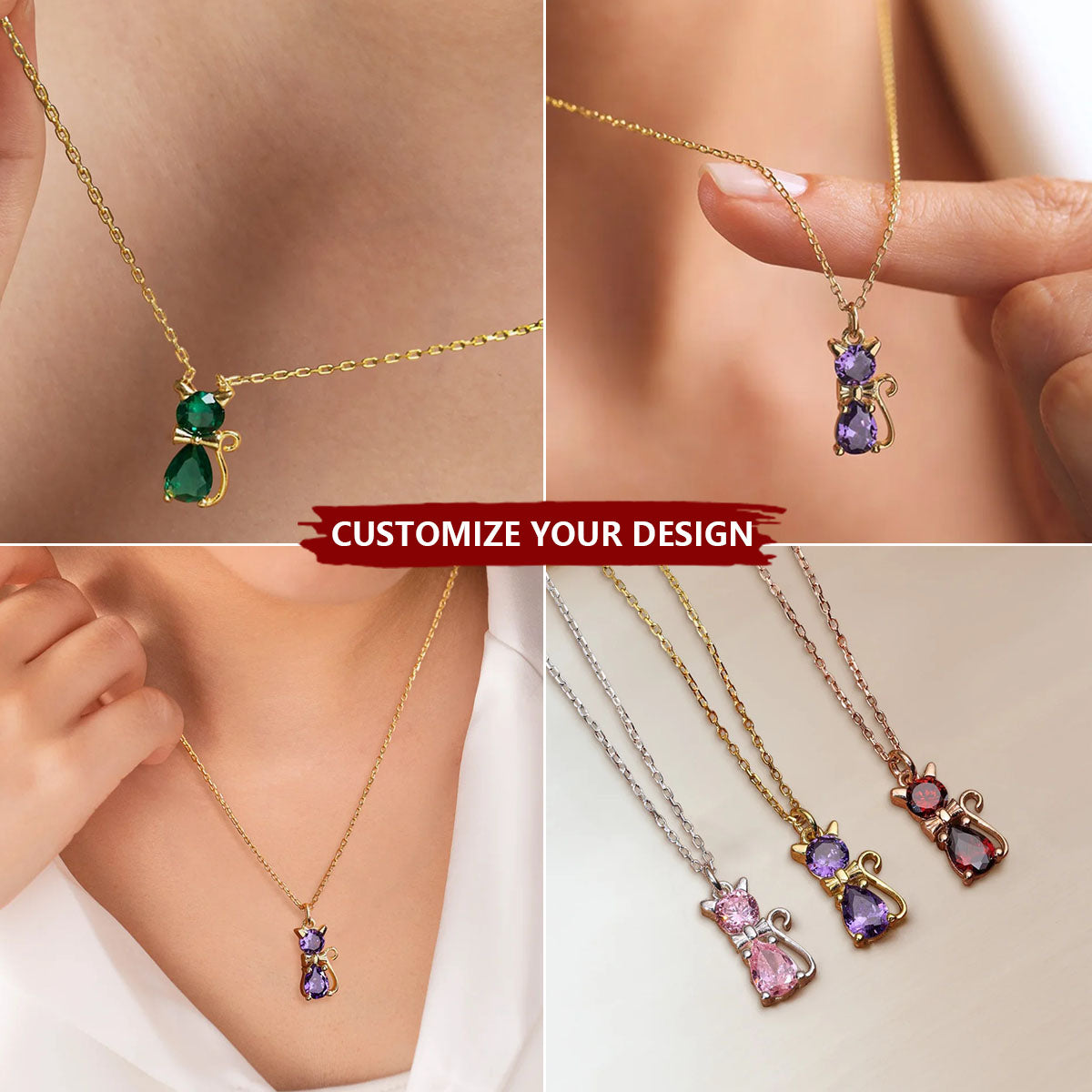 Personalized Cat Dog Bow Birthstone Necklace Dainty Jewelry Birthday Mother's Day Gift for Women Pet Lovers