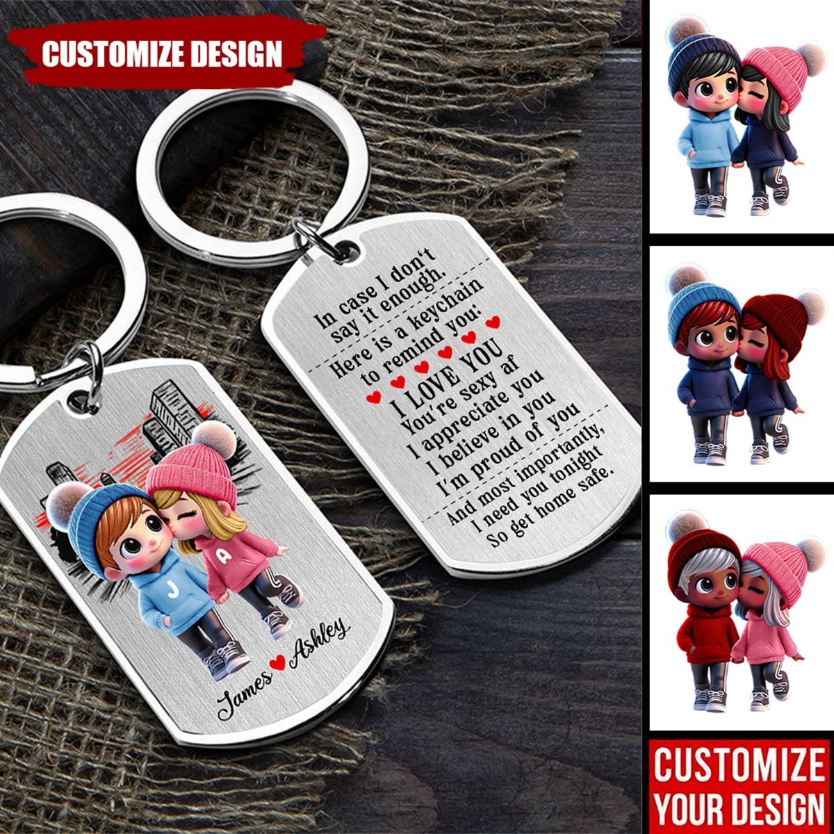 Cute Cartoon Couple Walking Personalized Stainless Steel Keychain- Gift For Couple