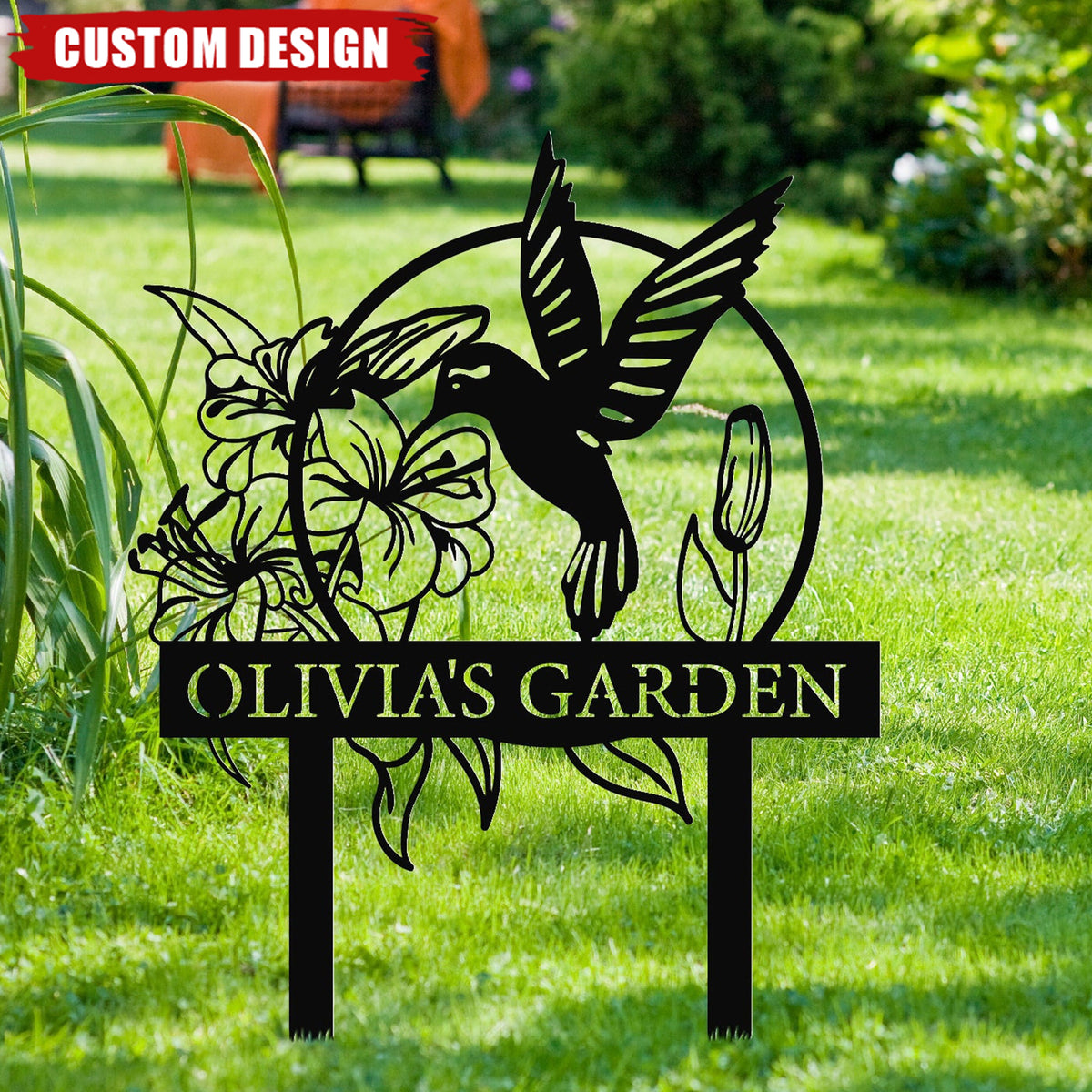Hummingbird With Flower Personalized Metal Garden Sign