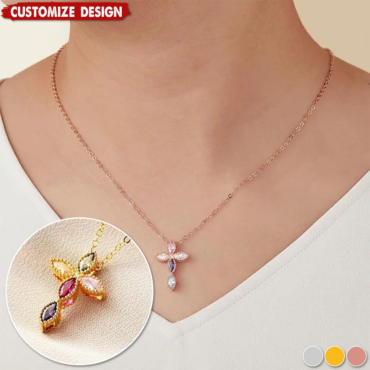 Personalized Mini Cross Pendant Necklace with 1-5 Family Birthstones Christening Gift for Woman