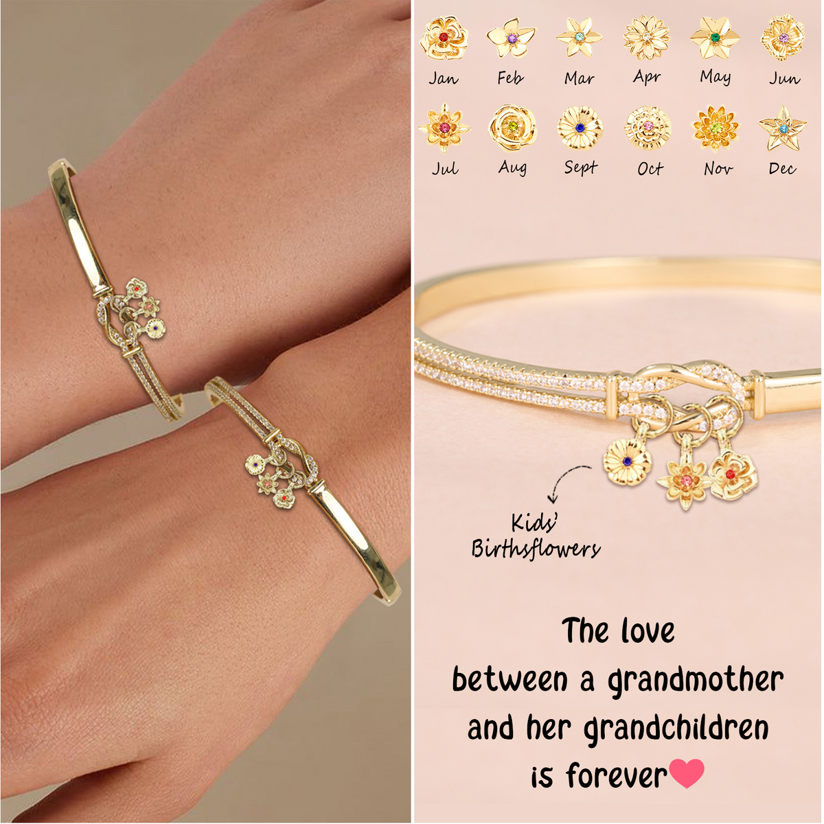 Personalized Birthflowers Knot Bangle, Gift For Grandma
