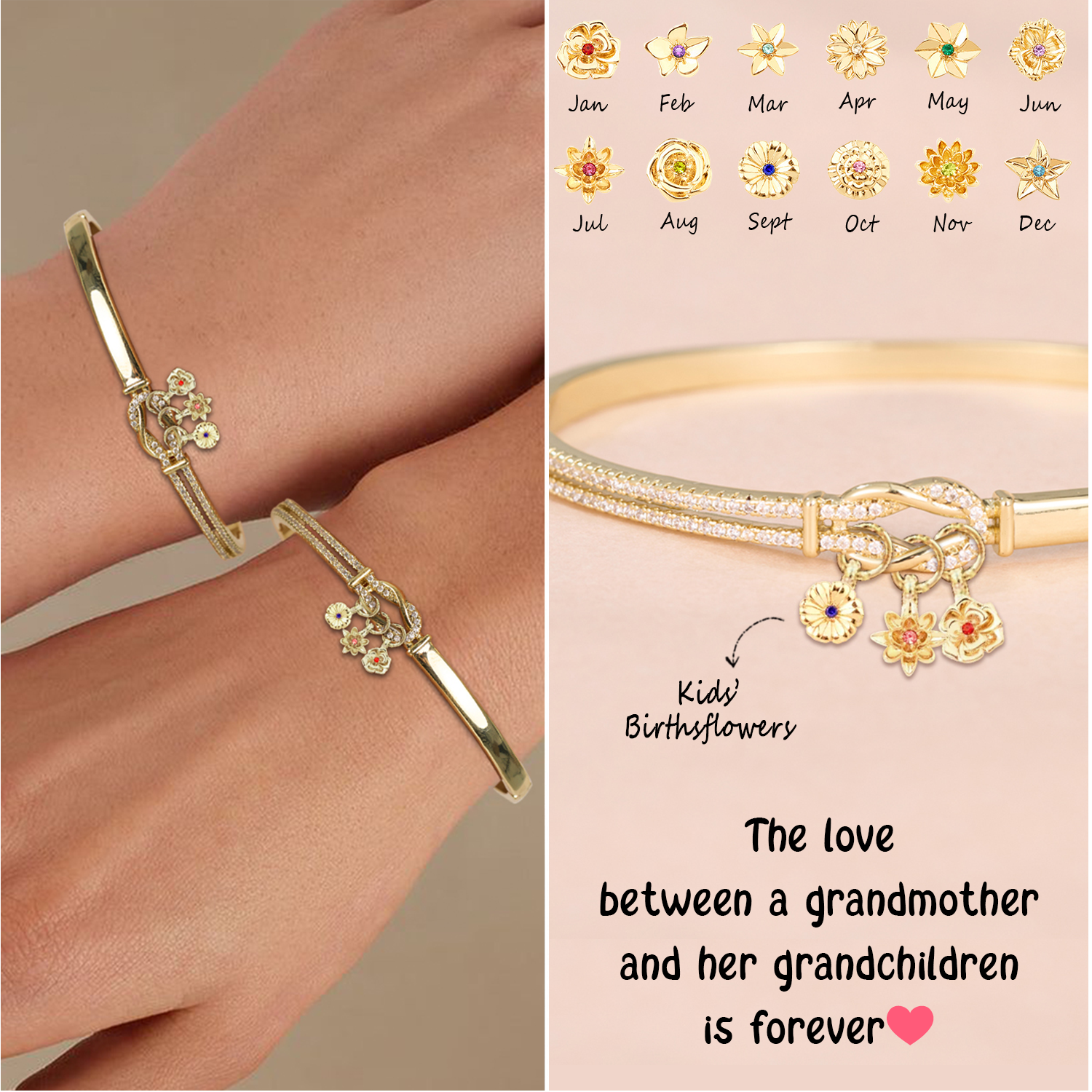 Personalized Birthflowers Knot Bangle, Gift For Grandma