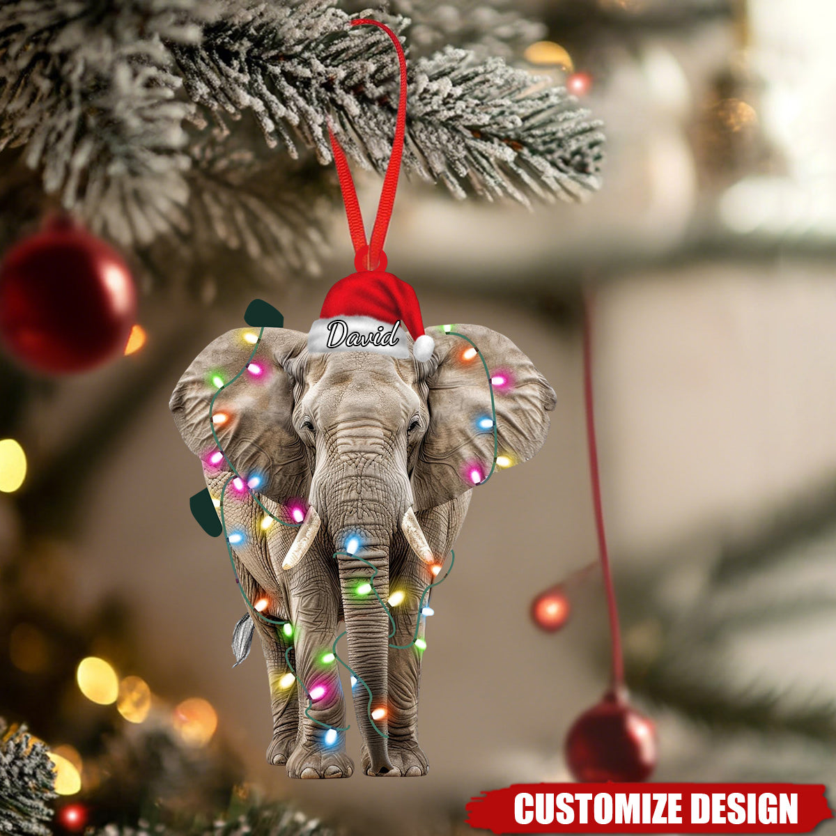 Personalized Cute Elephant Christmas Ornament, Funny Animal Tree Decoration, Wildlife Safari Xmas Decor