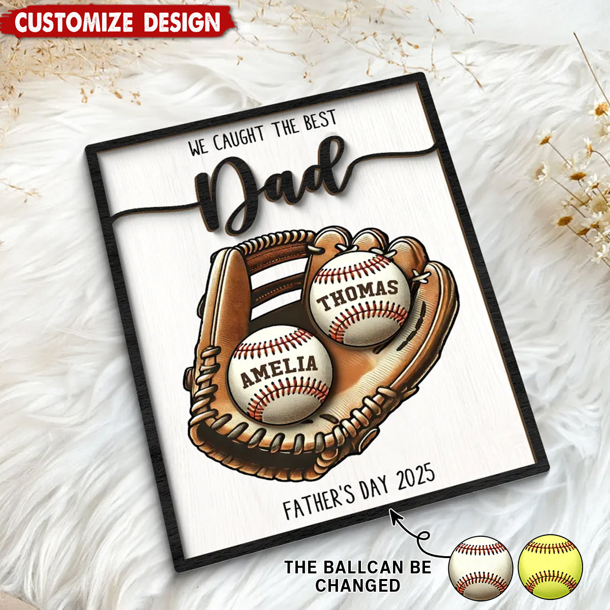 Personalized 2-Layered Wooden Plaque, Father’s Day Gift We Caught The Best Dad Baseball, Softball